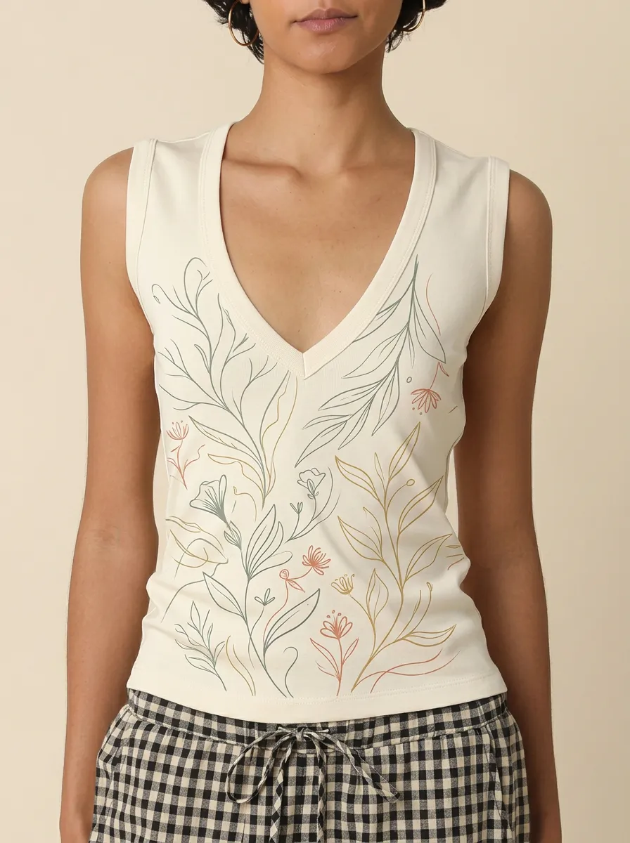 Women's Botanical Nature Lover Floral Line Art Printed Tank Top