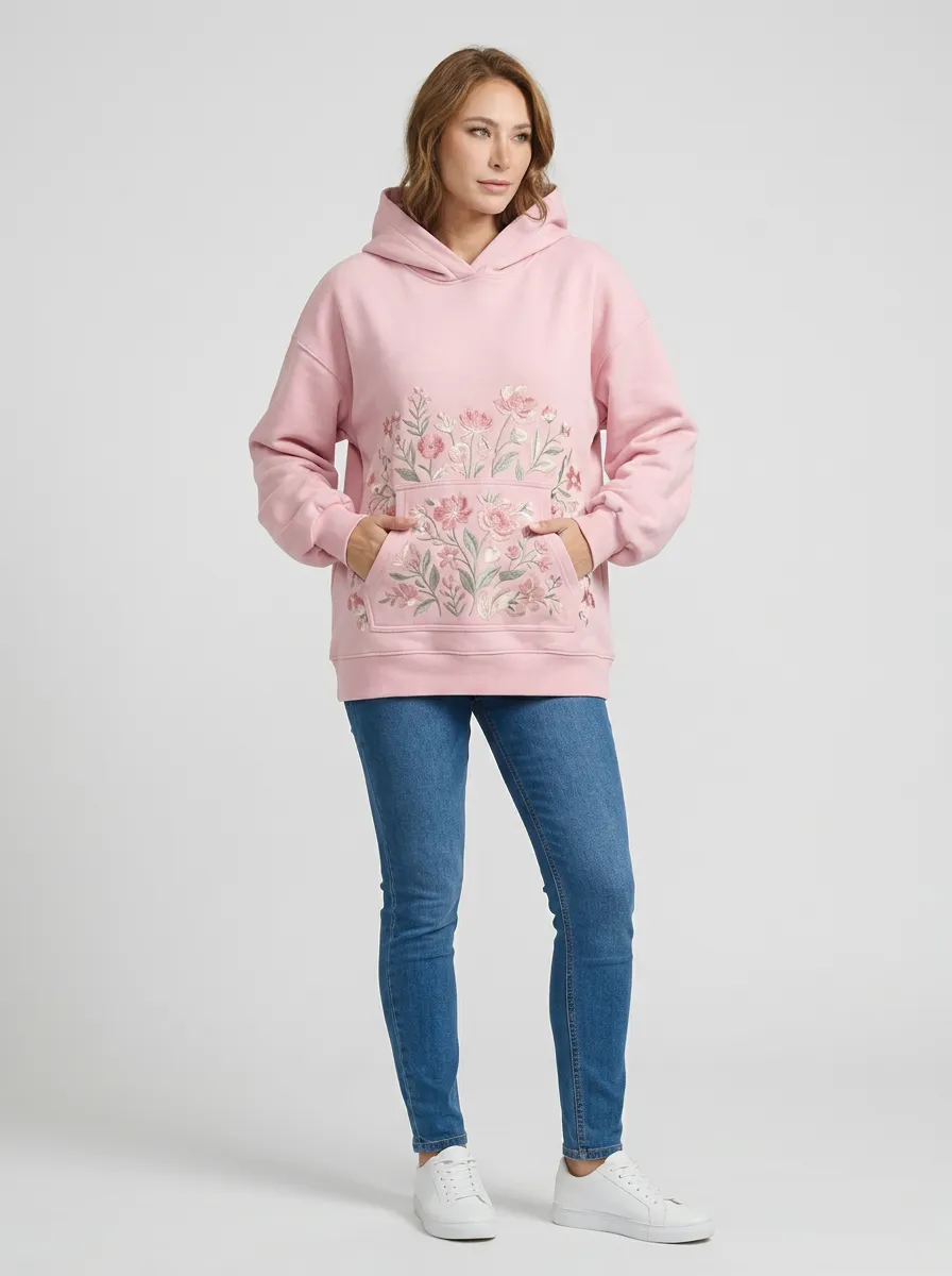 Women's Floral Lover Pink Botanical Embroidered Printed Hoodie
