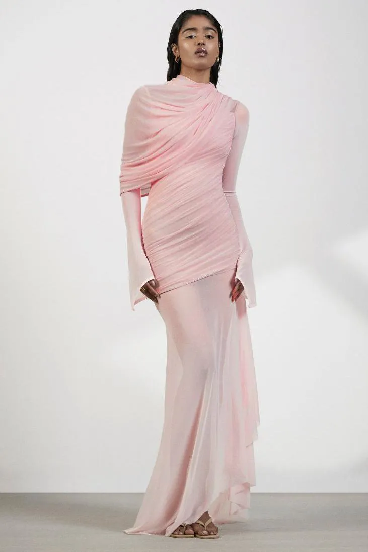 Gathering Asymmetrical Long Sleeve Maxi Dress