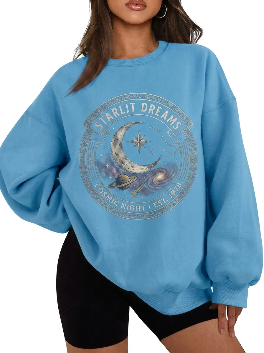 Women's Starlit Dreams Cosmic Night Moon Planet Printed T-shirt