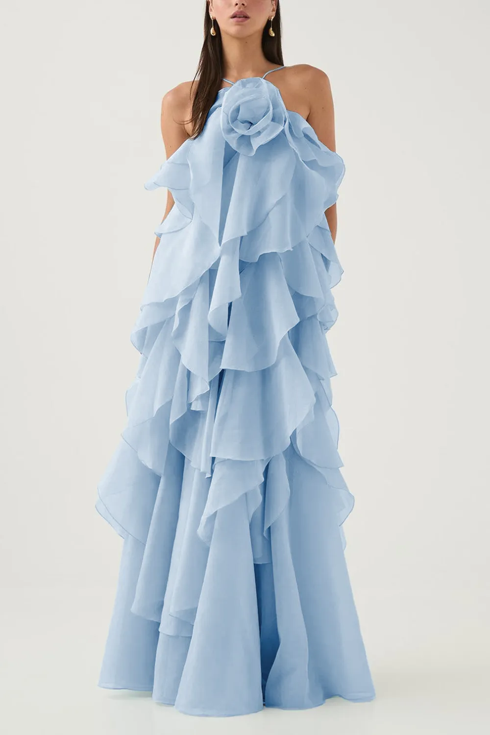 3D Flower Halter Neck Frill Maxi Dress