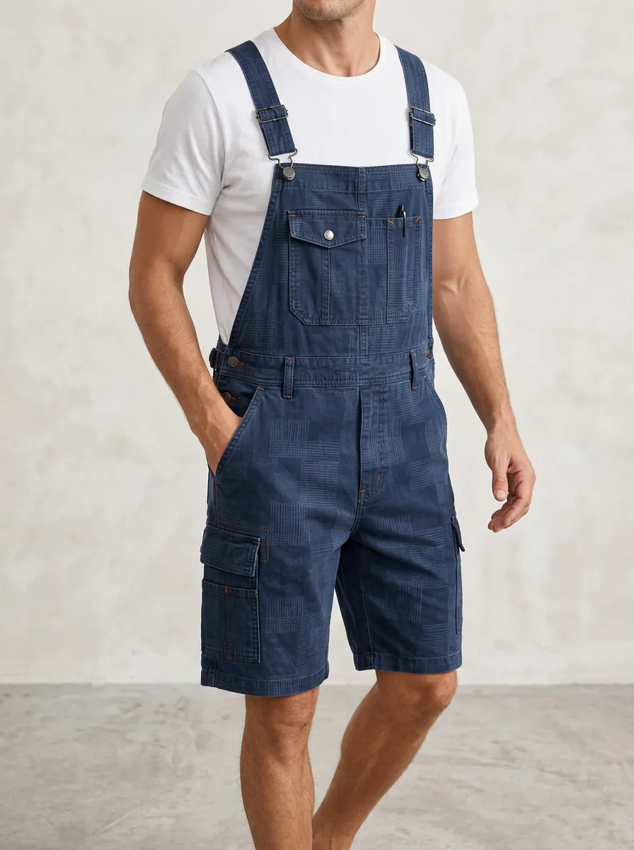 Men's Casual Plaid Pattern Printed Denim Cargo Overalls Shorts