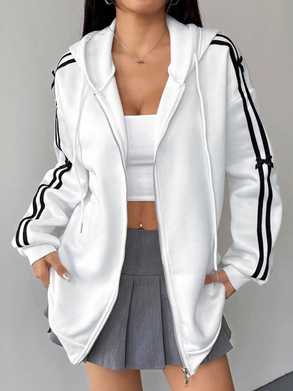 Zip-Detail Drawstring Striped Hoodie