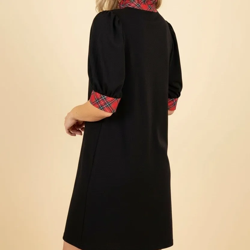 Plaid Ruffle Detail Puff Sleeve Shift Dress