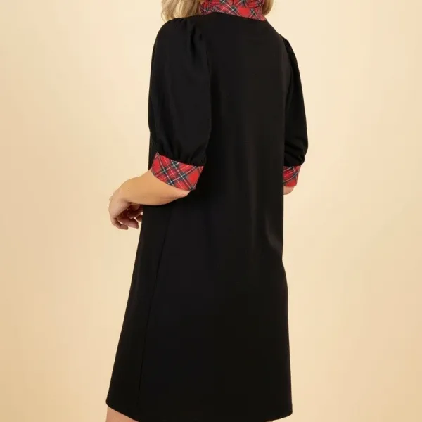 Plaid Ruffle Detail Puff Sleeve Shift Dress