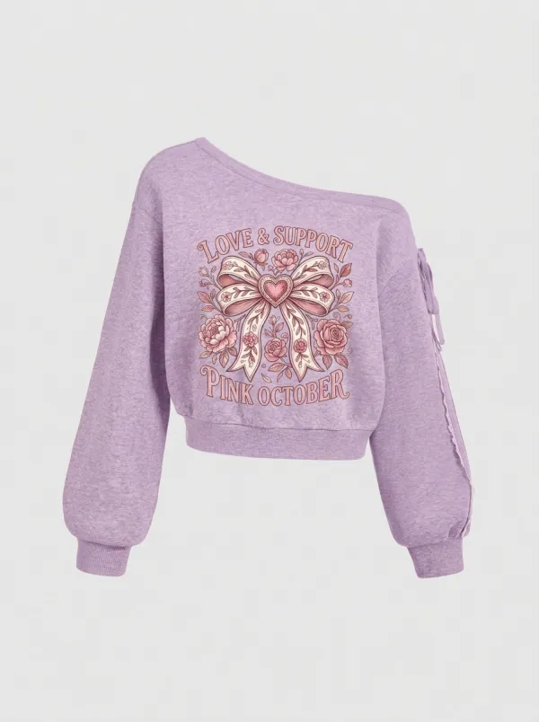 Women's Breast Cancer Awareness Pink Ribbon Floral Printed One-Shoulder Sweatshirt