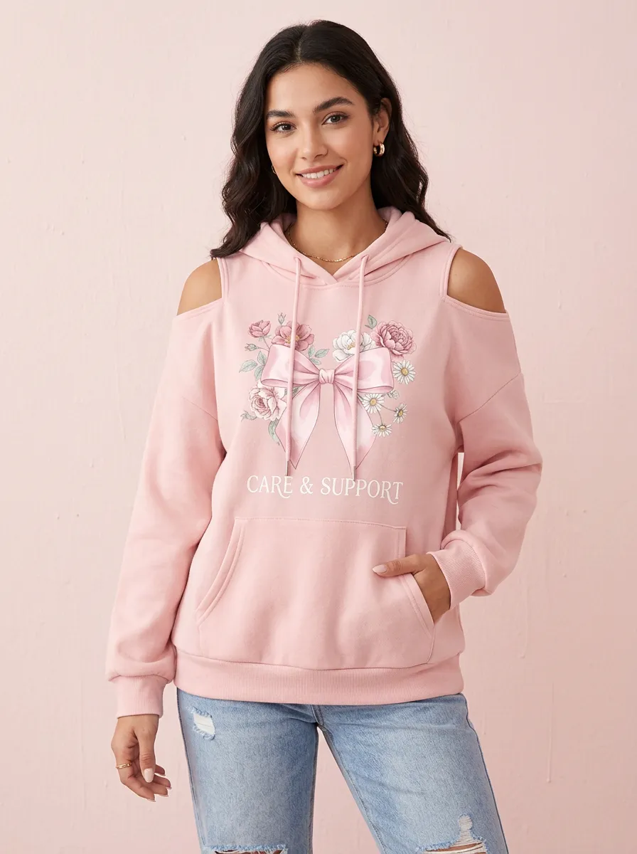 Women's Floral Breast Cancer Awareness Cold Shoulder Hoodie