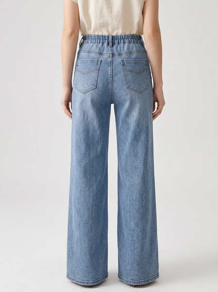 Women's Casual Fashion Wide Leg Pocketed Denim Jeans