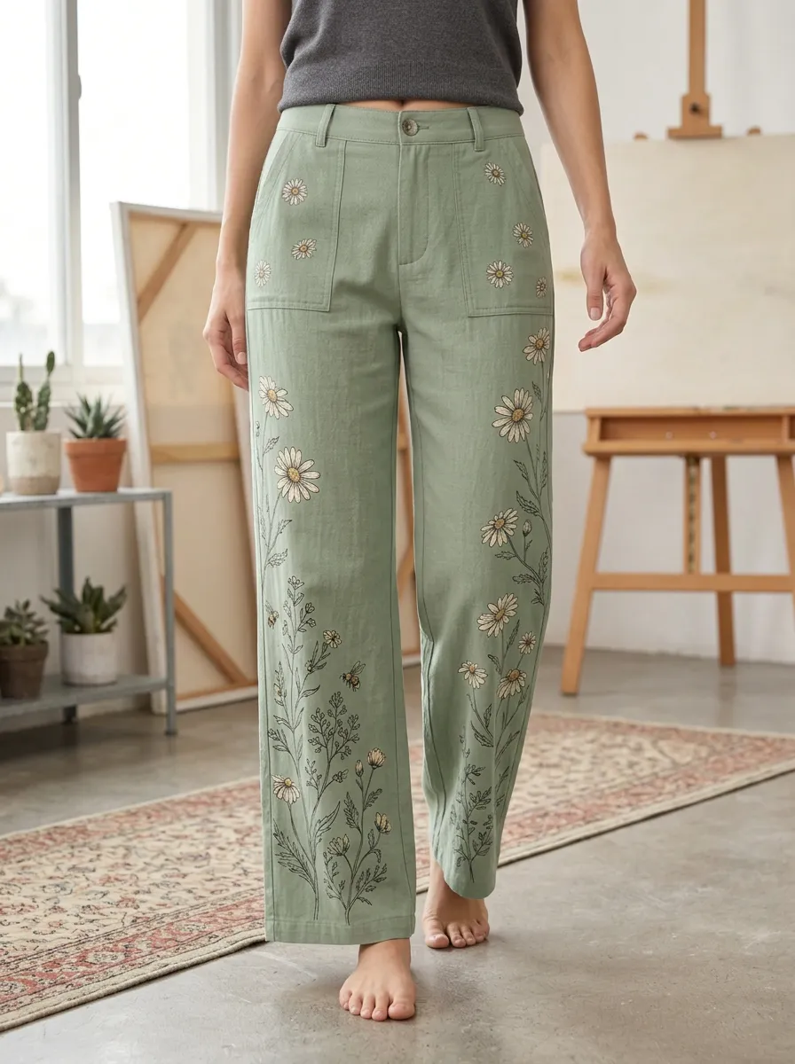 Women's Floral Daisy Botanical Printed Wide Leg Pants