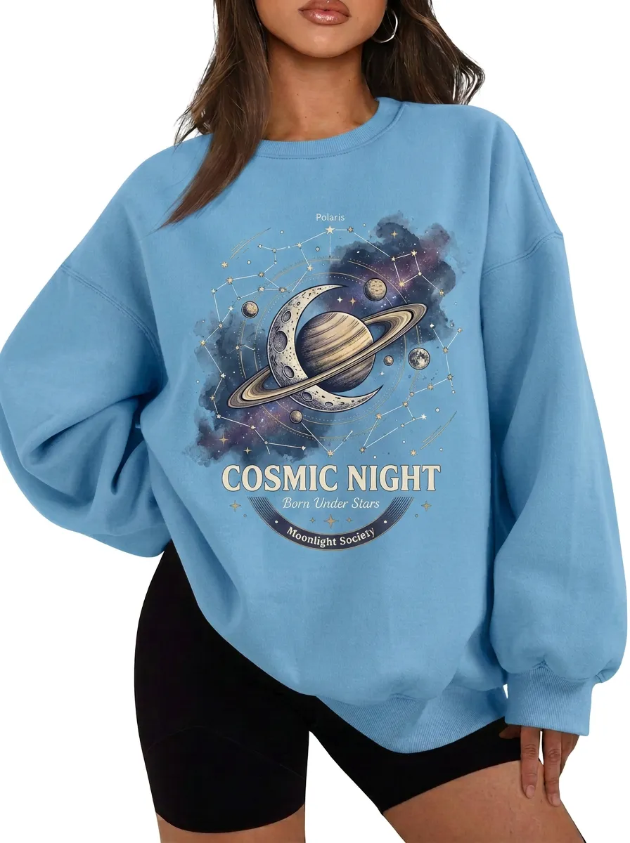 Women's Astronomy Lover Cosmic Night Planet Moon Printed T-shirt