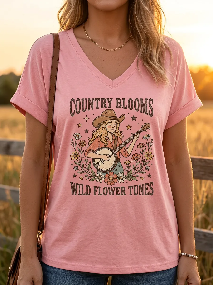 Prairie-Inspired Banjo Floral Custom Country Music V-Neck T-Shirt