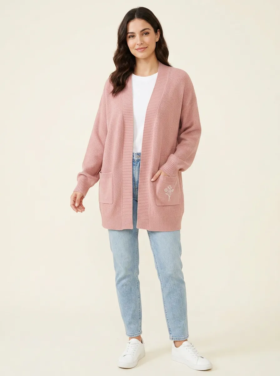 Pink Floral Embroidered Open-Front Cardigan