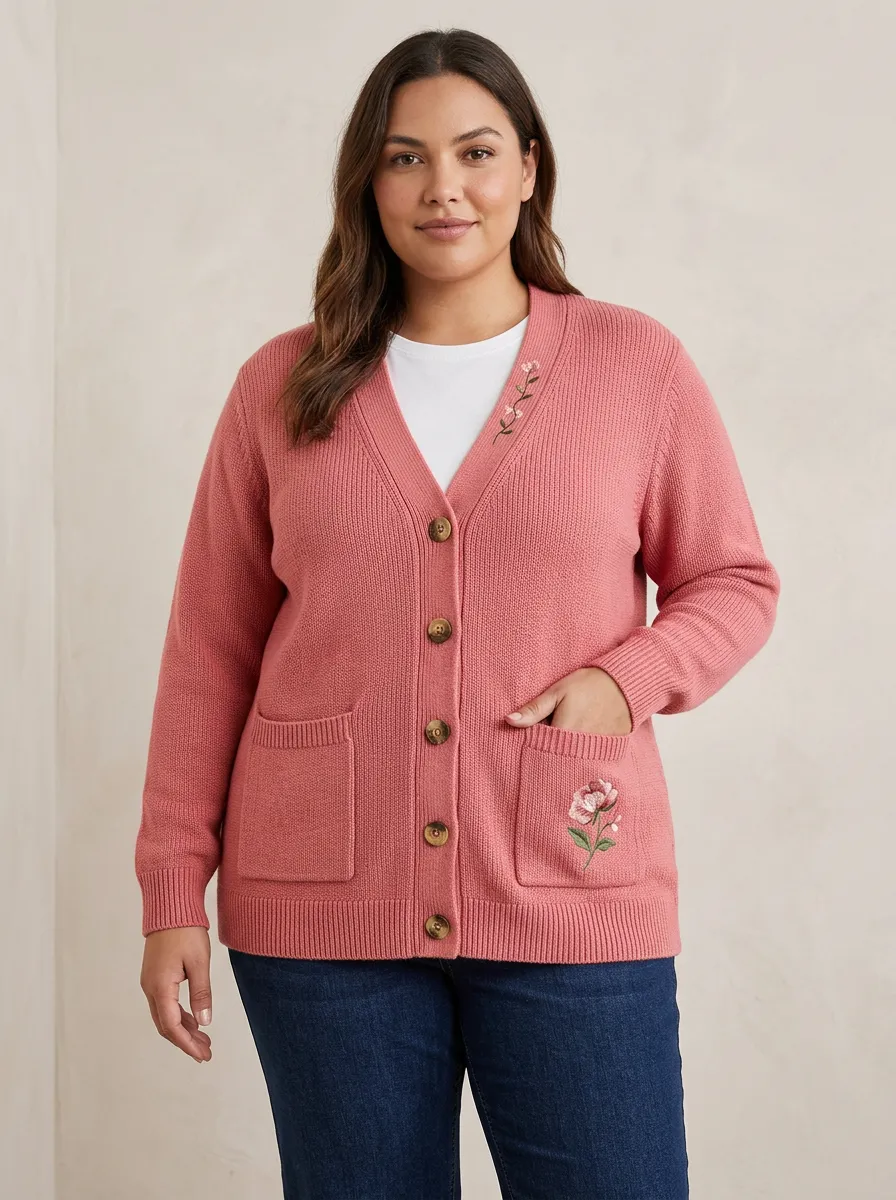 Women's Floral Lover Pink Embroidered Button Down Cardigan