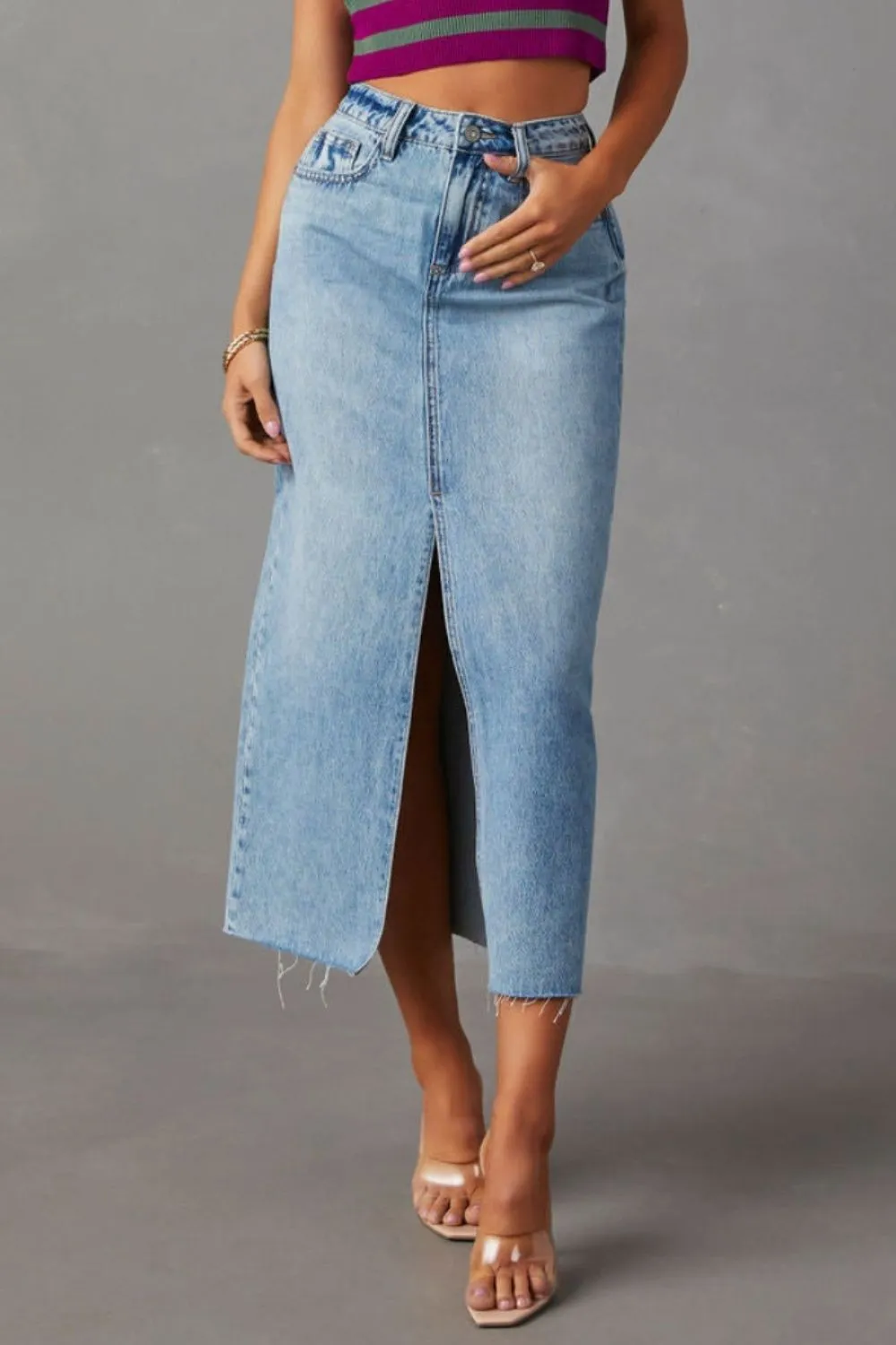 Slit Raw Hem Midi Skirt
