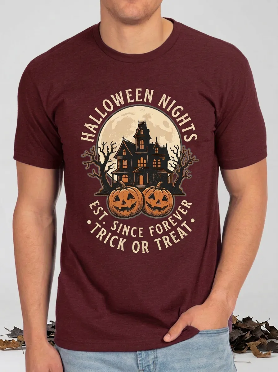 Men's Halloween Nights Haunted House Pumpkin Printed T-shirt