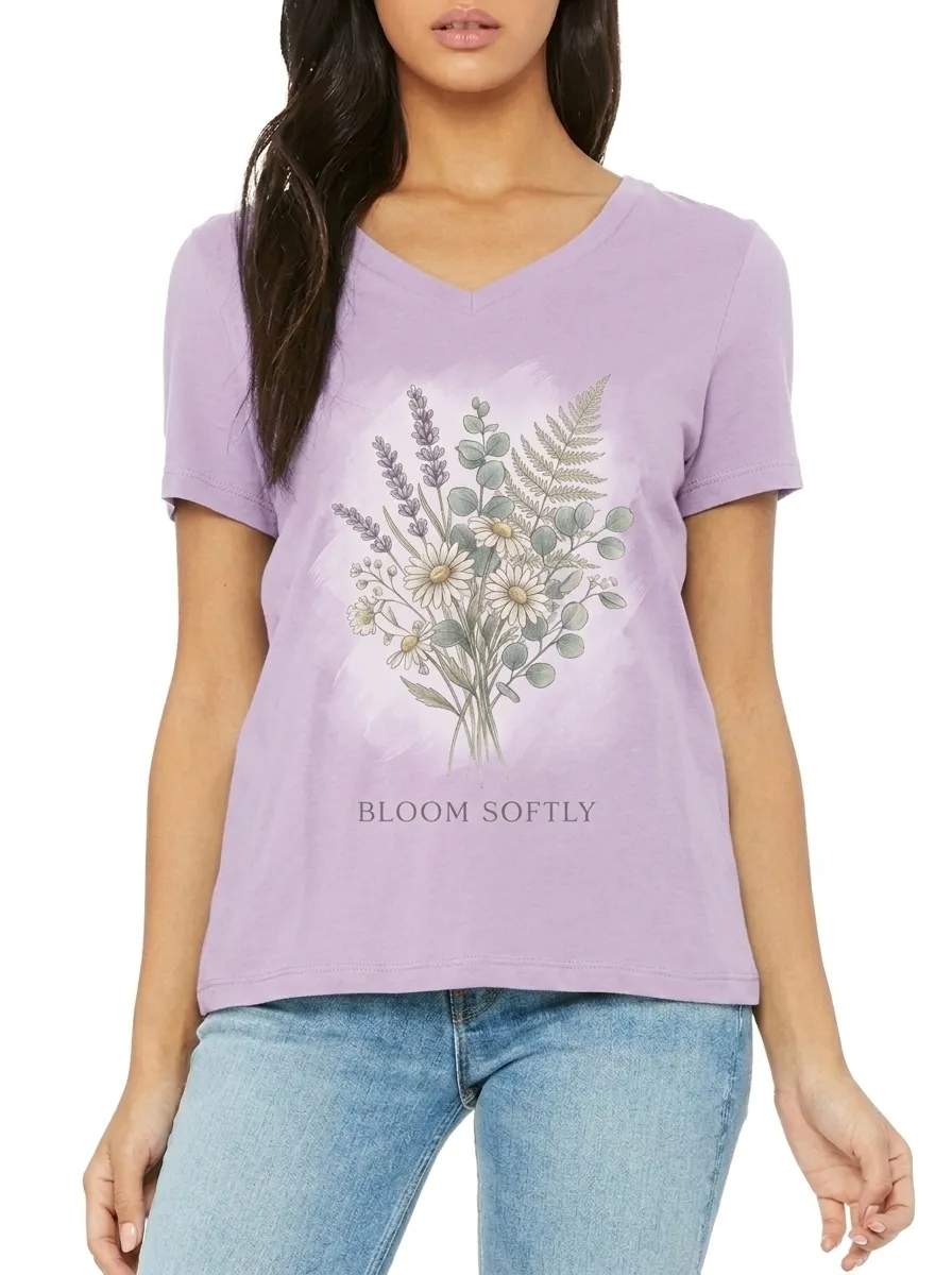 Women's Floral Lover Bloom Softly Wildflower Printed V-neck T-shirt