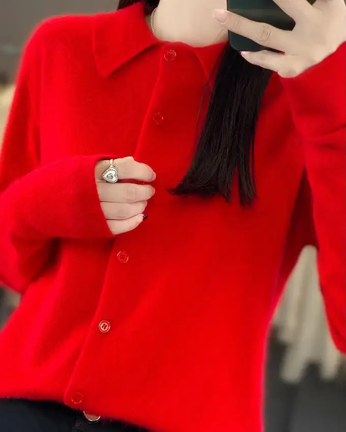 Mink-Cashmere Cashmere Button-Front Polo-Collar Cardigan