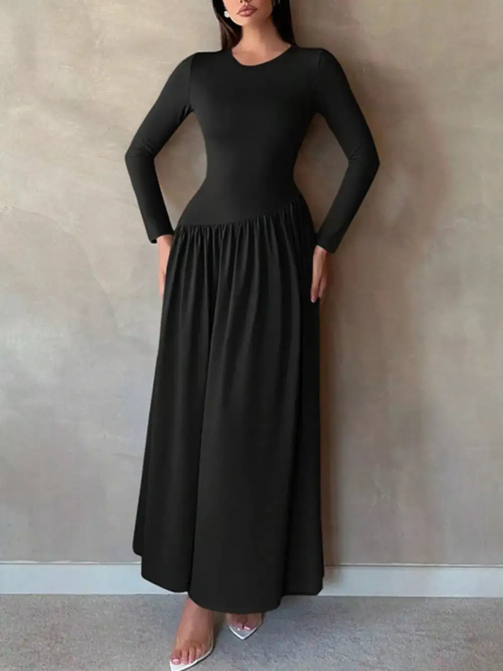 Long Sleeve Ruched A Line Maxi Dress