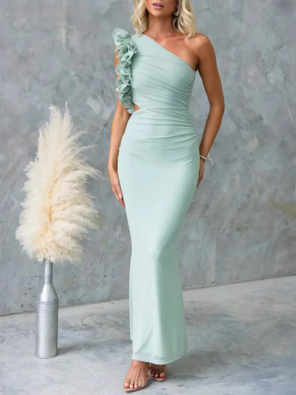 Ruched One-Shoulder Sleeveless Floral Maxi Dress