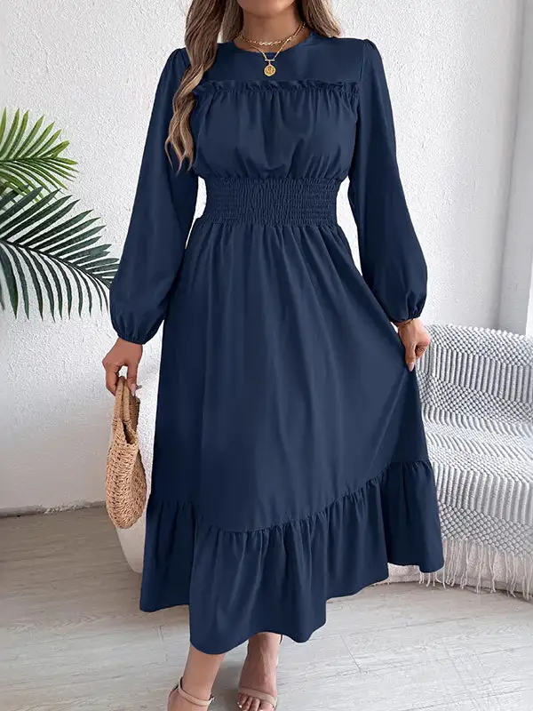 Elasticated Pleated Neck Maxi Dress