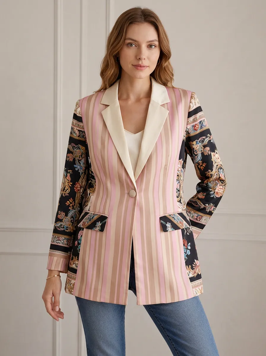 Women's Vintage Floral Striped Patchwork Printed Blazer