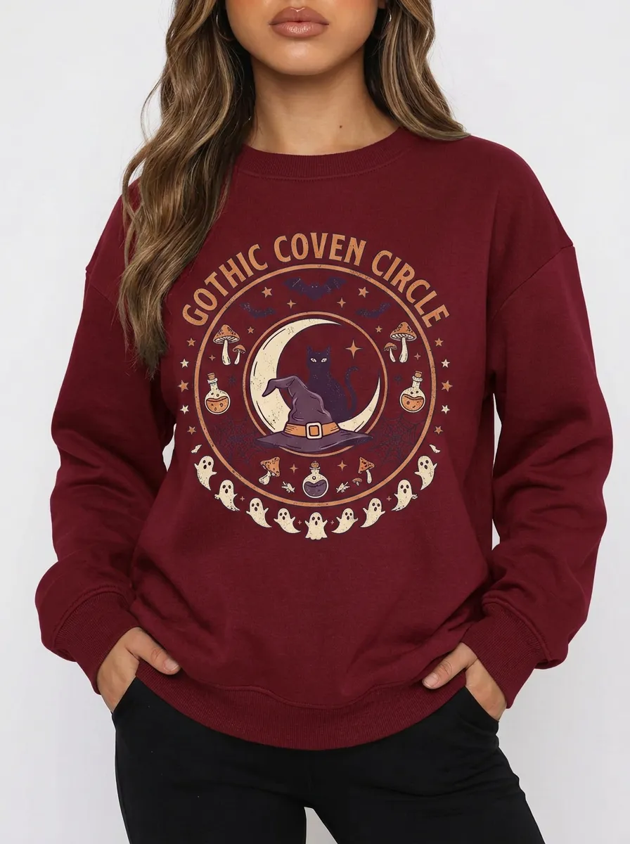Women's Halloween Gothic Coven Cat Moon Ghost Printed Sweatshirt