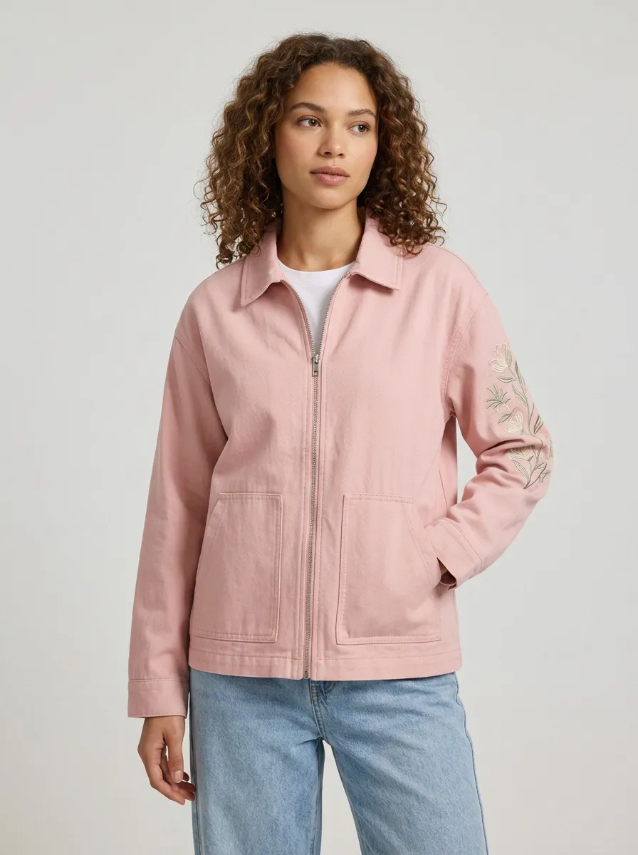 Women's Floral Lover Pink Embroidered Sleeve Zip-up Jacket