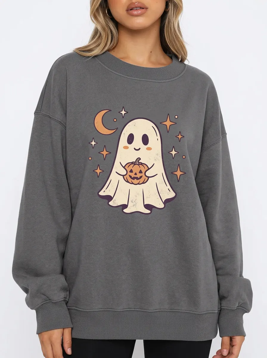 Women's Halloween Ghost Pumpkin Moon Stars Printed Sweatshirt