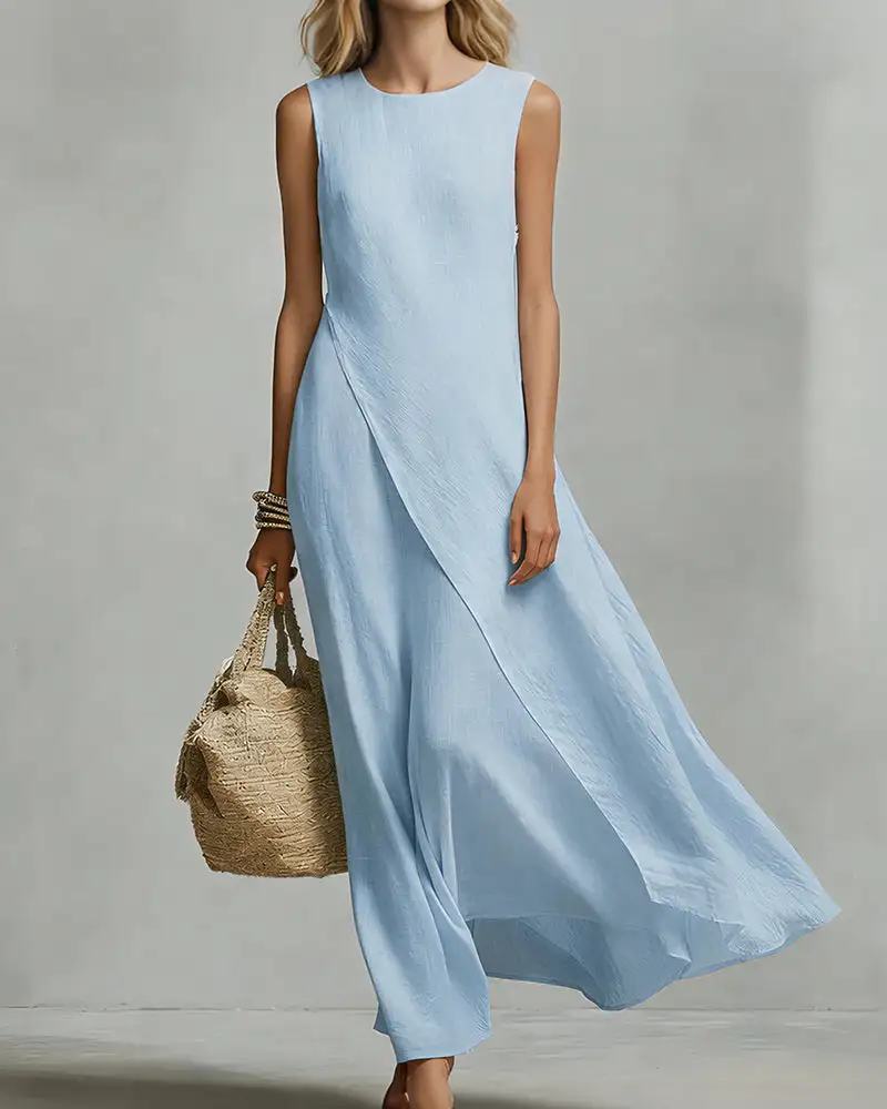 Asymmetric Hem Linen Blend Sleeveless Maxi Dress