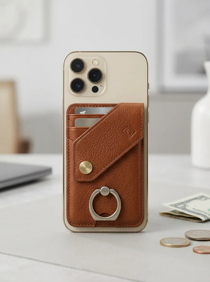 Unisex Minimalist Brown Leather Magnetic Ring Phone Card Holder