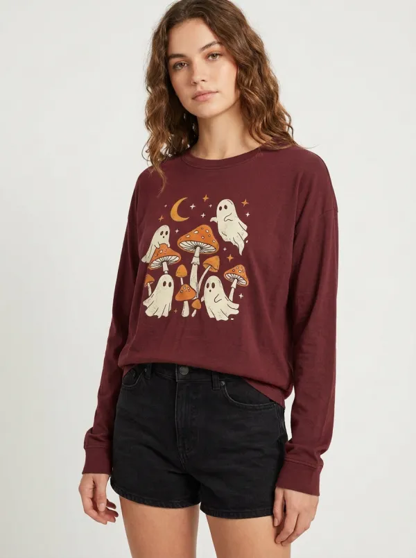 Women's Halloween Spooky Ghost Mushroom Printed Long Sleeve T-shirt