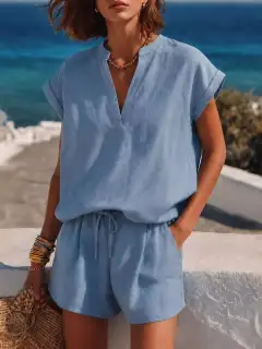 Refined Drawstring Pocketed Top and Shorts Matching Set