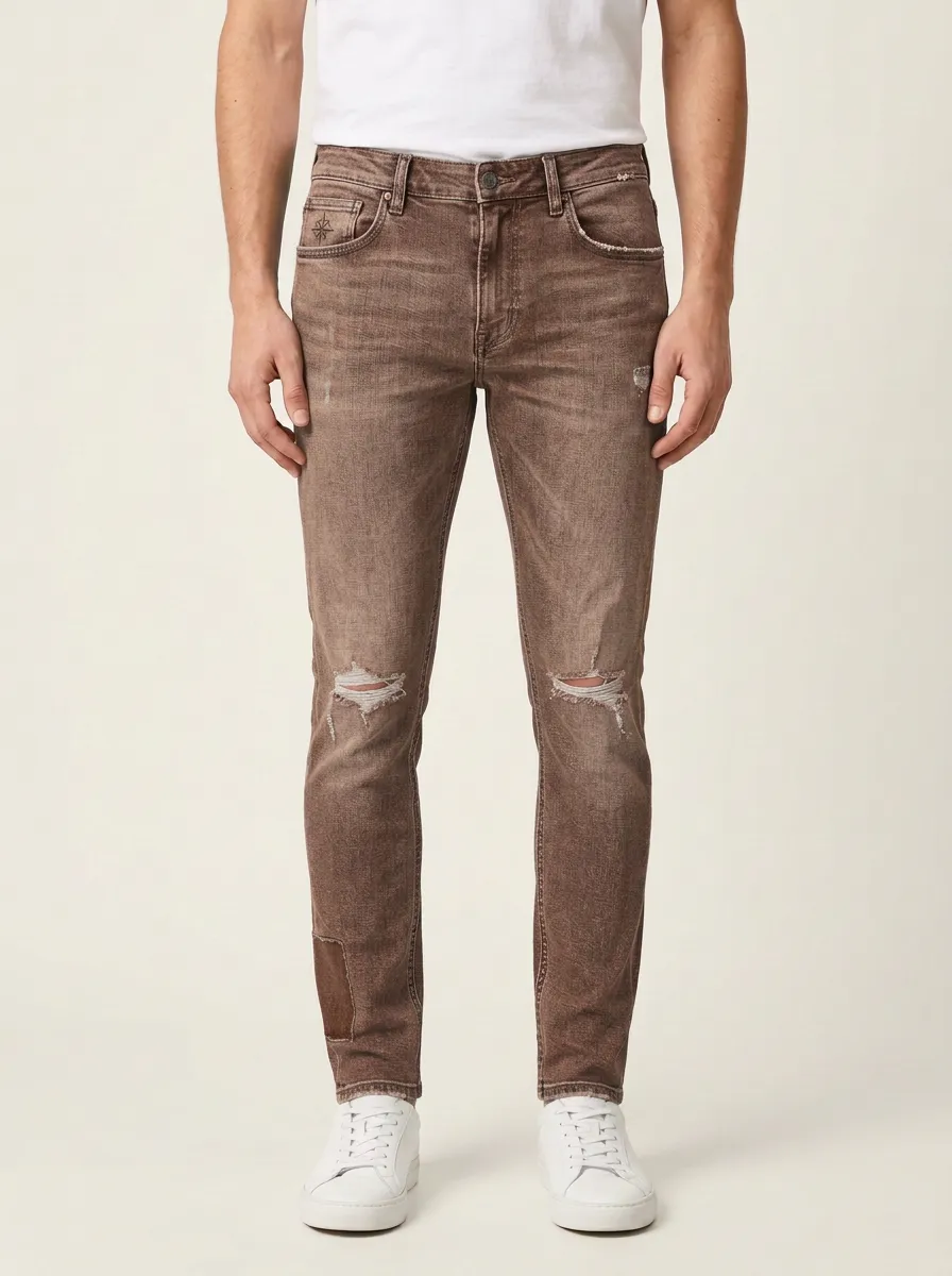 Men's Distressed Patchwork Ripped Slim-Fit Jeans