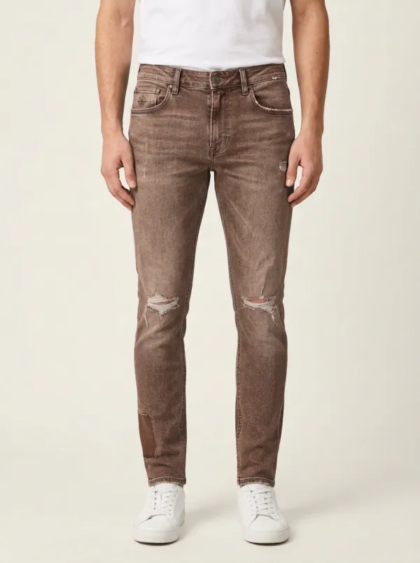 Men's Distressed Patchwork Ripped Slim-Fit Jeans