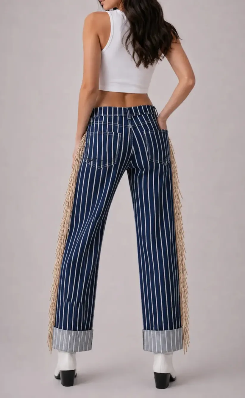 Fringe Detail Wide Leg Cuffed Low Rise Western Style Everyday Denim Jeans