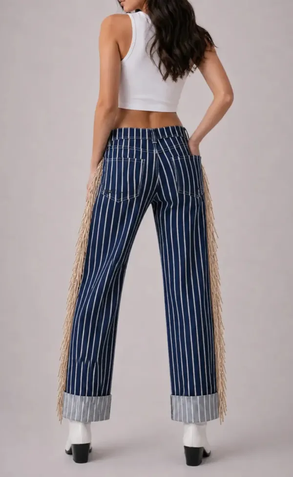 Fringe Detail Wide Leg Cuffed Low Rise Western Style Everyday Denim Jeans