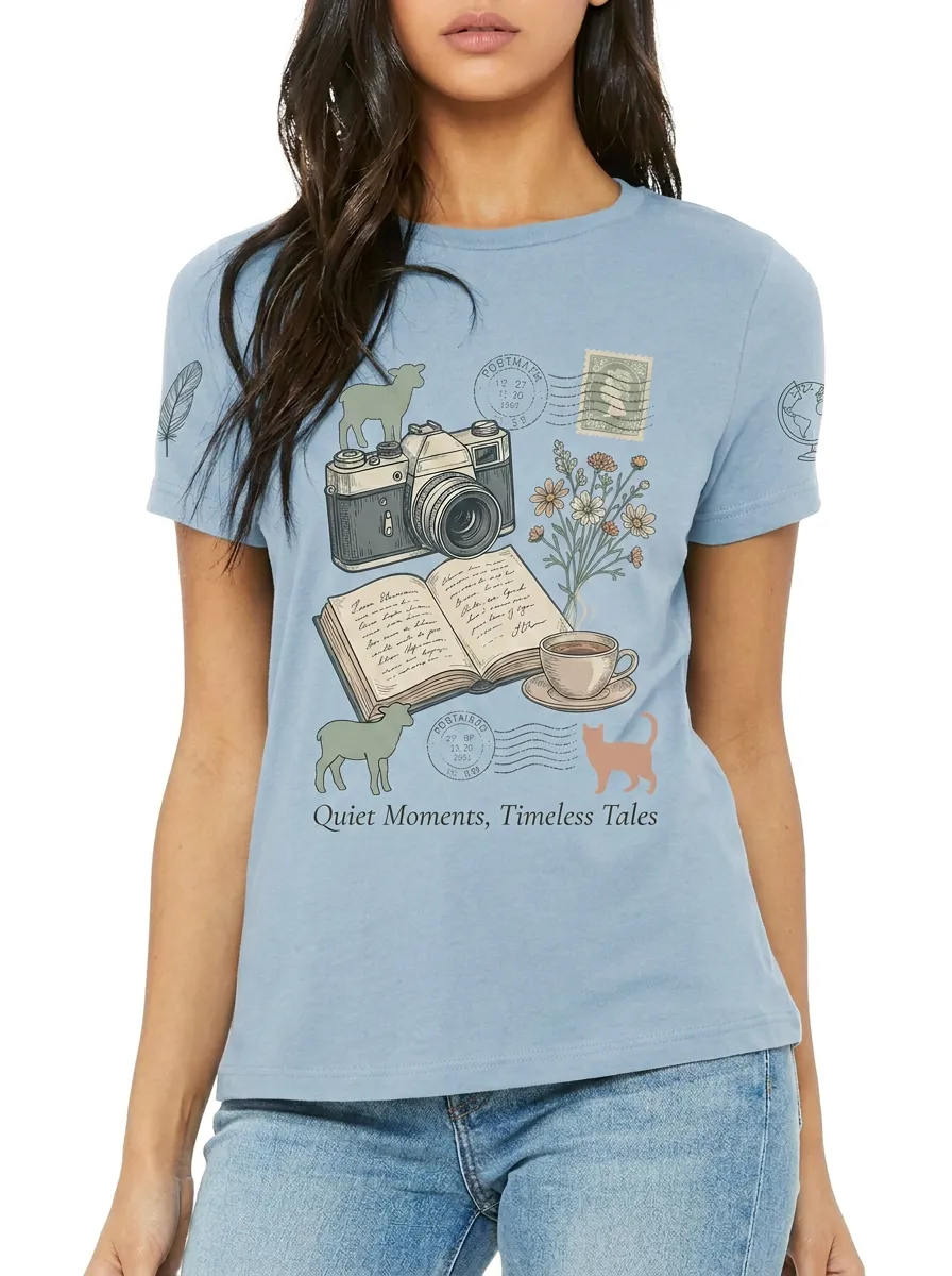 Women's Book Lover Camera Cat Floral Printed T-shirt