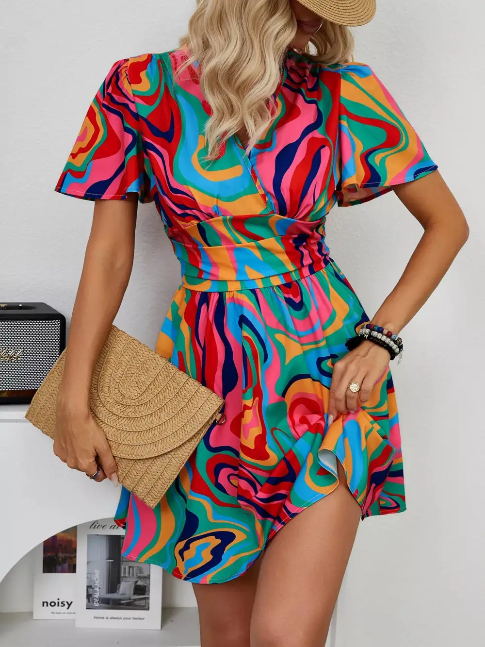 Smocked Short-Sleeve Cotton Mini Dress