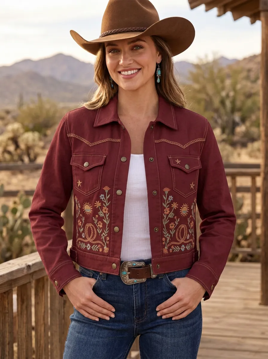 Women's Western Cowgirl Sun Floral Embroidered Denim Jacket