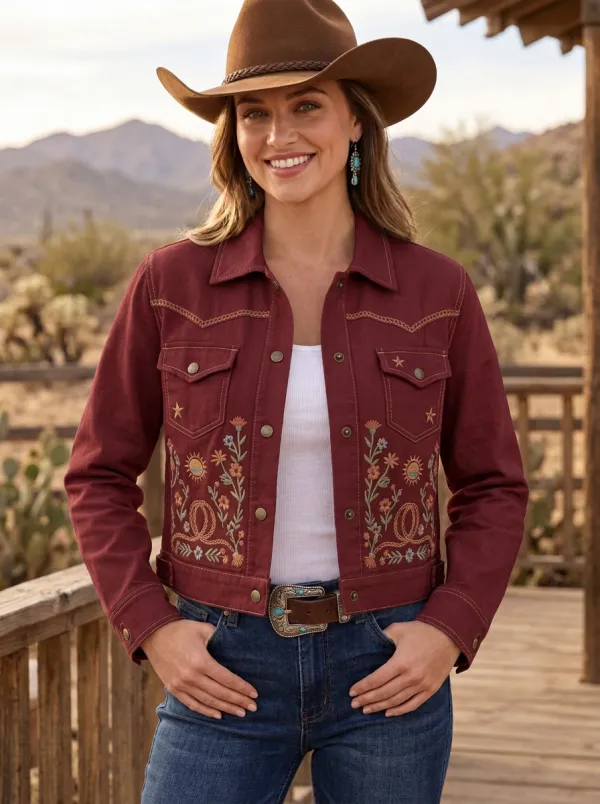 Women's Western Cowgirl Sun Floral Embroidered Denim Jacket