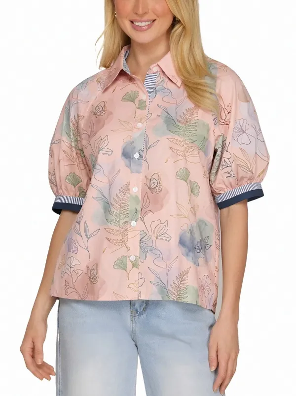 Women's Botanical Butterfly Watercolor Printed Puff Sleeve Shirt