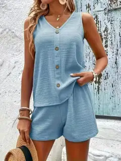 V-Neck Buttoned Shorts Matching Set