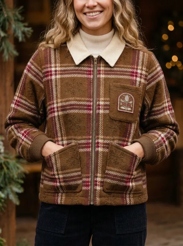 Christmas Holiday Plaid Tree Patch Print Jacket