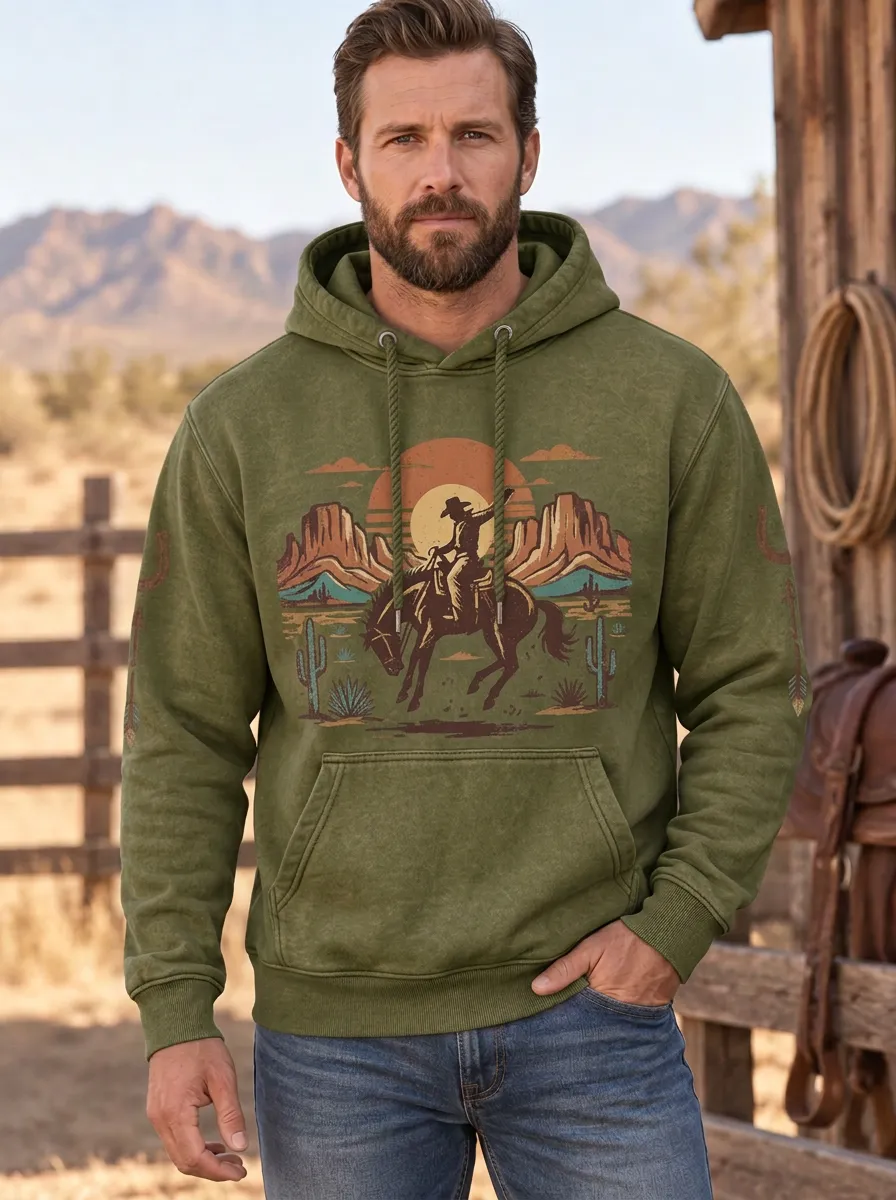 Men's Classic Western Cowboy Horse Desert Sunset Sun Graphic Hoodie