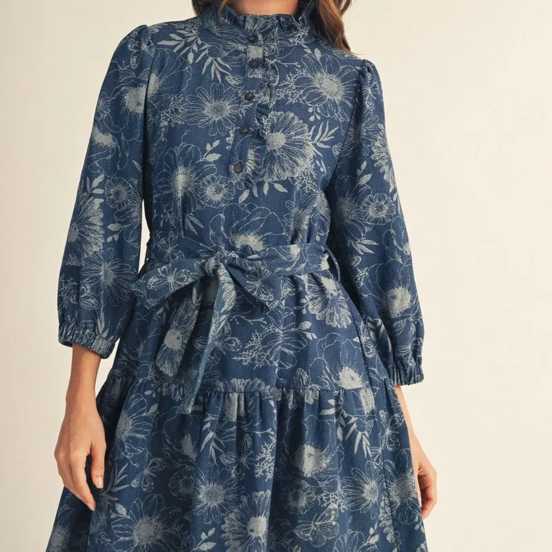 Floral Denim Tiered Ruffle Detail Dress