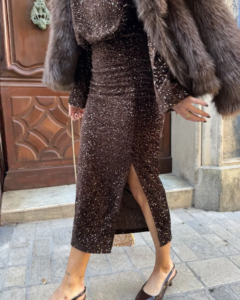 Slim Sequin Slit Midi Skirt