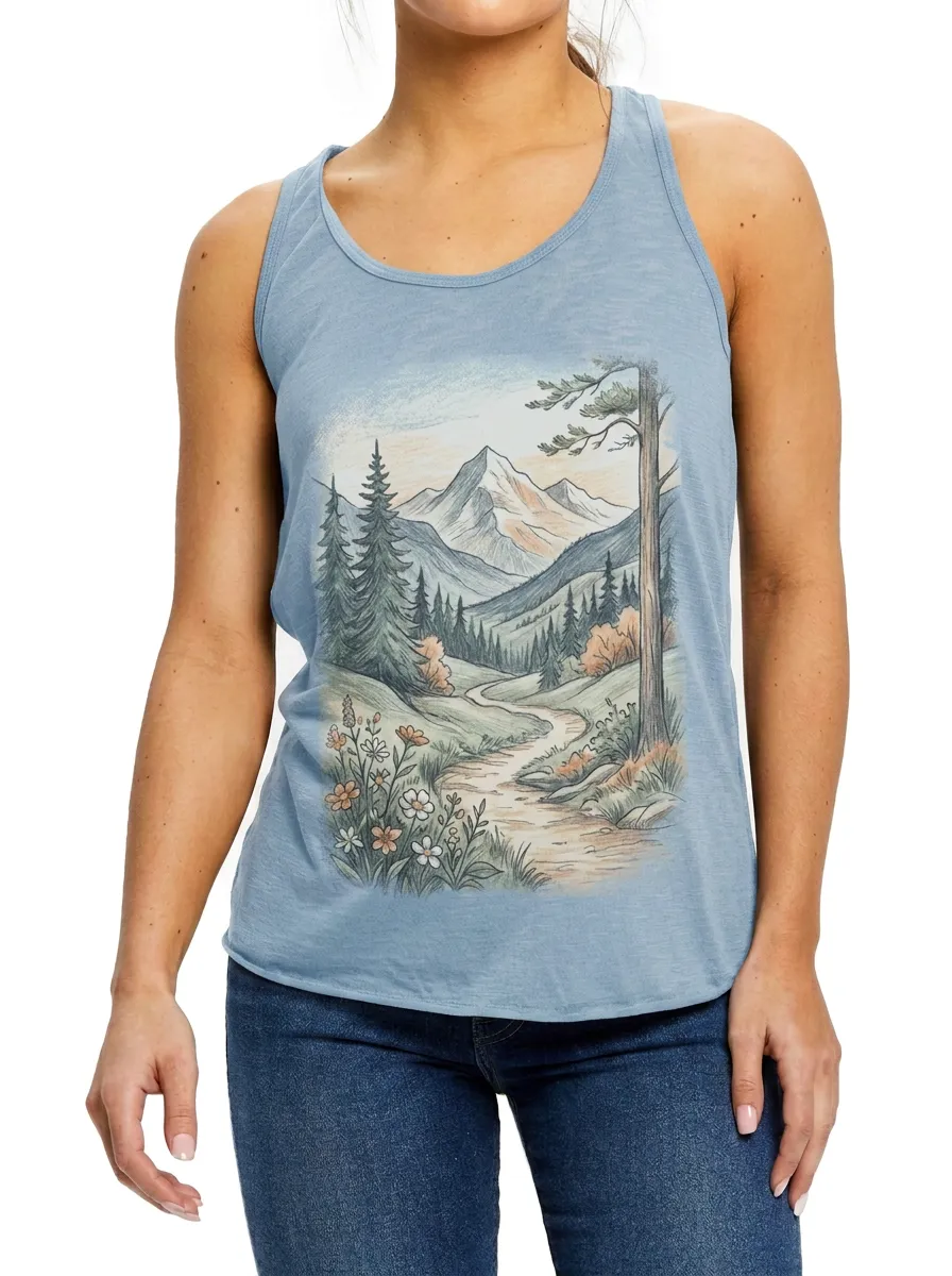 Women's Nature Lover Mountain Forest Path Printed Tank Top