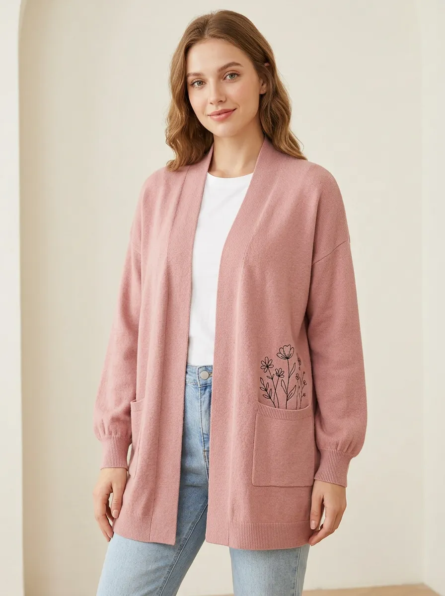 Women's Floral Nature Lover Black Line Art Printed Casual Cardigan