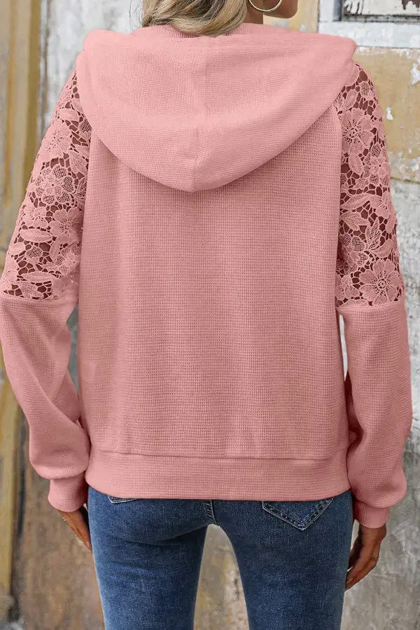 Kangaroo-Pocket Raglan-Sleeve Waffle-Textured Patchwork Hoodie
