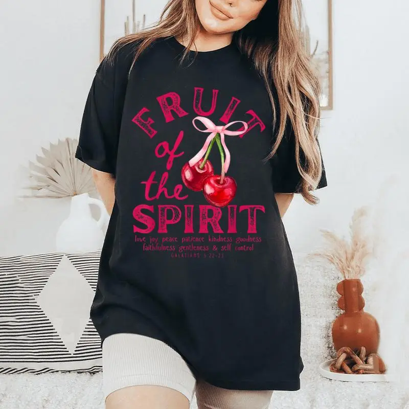 Fruit Of The Spirit Christian Coquette Pink Bow Cherries Women's Oversized Comfort T-Shirt